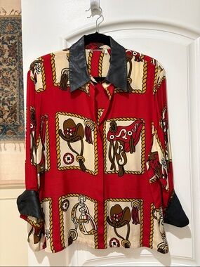 Vintage Silk Western Print Button-Up Blouse with Black Leather Collar Sz L